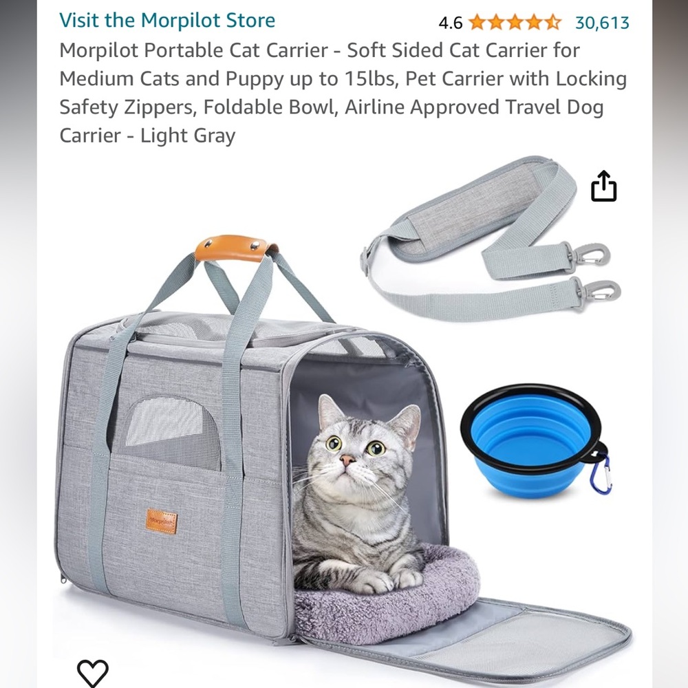 Morpilot Grey Soft Pet Travel Carrier for Cat or Dog, Ideal Collapsible